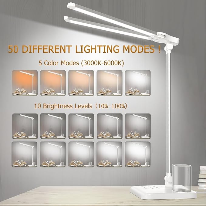 LED Desk Lamp for Home Office Desk Light Table Lamp 50 Lighting Modes Timer | Eye-Caring Desk Lamp with USB Adapter, Foldable Dual Swing Arm Architect for Reading, Study, Workbench - Image 3