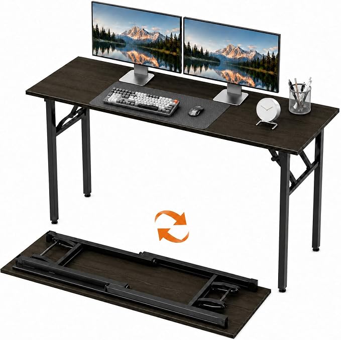 Folding Table Computer Desk - 55.1" No Assembly Folding Desk Design and Foldable Office Desk, Small Desk for Bedroom, Compact Storage Portable Use for Dorm and RV Small Space, Dark Oak by HMFOR