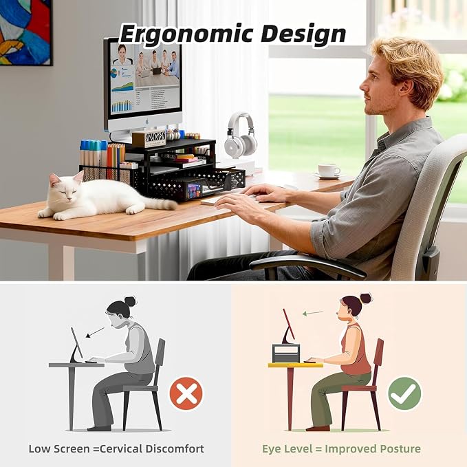 Simple Trending 2-Tier Monitor Stand Riser, Drawer & 2 Pen Holders, Black | Sturdy Material, Anti‑Slip Pads, Ergonomic Support, Space Saving, Easy Setup - Image 5