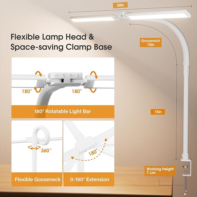 SIBRILLE LED Desk Lamp for Home Office - Dimmable Computer Desk Light with Clamp, Modern Architect Task Lamp with Color Changing, Flexible Desktop Lamp with Gooseneck for Monitor, Double Head, White - Image 4