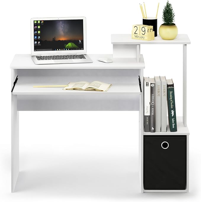 Furinno ECON Desk, 40" Wide Gaming Desk with Keyboard Tray, Computer Desk, Office Desk with Side Shelves and Storage Bin for Home Office, Plain White - Image 5