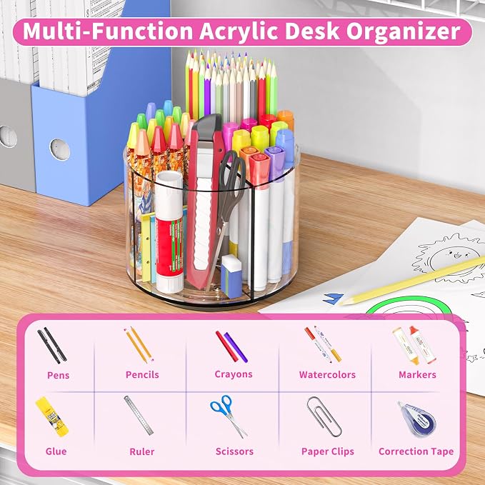 Small Pencil Organizer for Desk Acrylic Art Organizer Clear 4 Compartments | Rotating Art Supply Organizer for Kid, Spinning Marker Caddy Pen Organizer for Desk, Acrylic Pen and Pencil Organizer Storage - Image 3