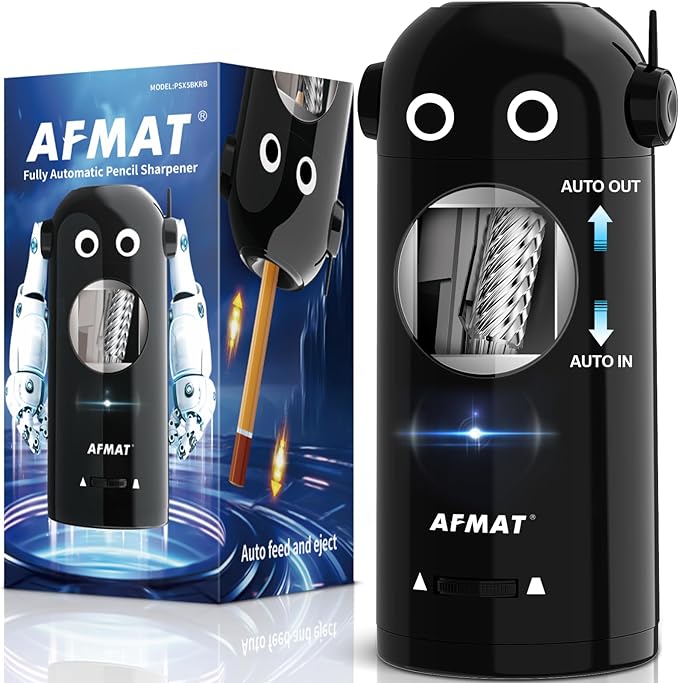 AFMAT Electric Pencil Sharpener for Colored Pencils 7-11.5mm, Fully Automatic Robot Pencil Sharpener, Auto in & Out, Rechargeable Hands-Free for Classroom/Home/Office, Battery Operated, PSX5RB, Black by AFMAT