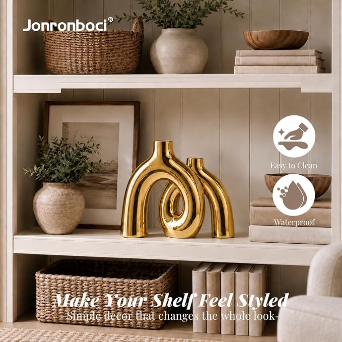 Hug Donut Decorative Vase Set - Golden Modern Classic Transitional Style Vases Home Decor, Matte Ceramic Decorations for Living Room Shelf, Bookshelf Mantle Entryway Table or Console Décor (Gold) - Image 3