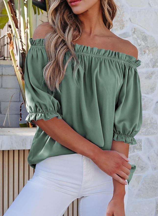 EVALESS Womens Tops Off The Shoulder Blouses for Women Dressy Casual Cute Puff Sleeve T Shirts Fashion 2026 - Image 3