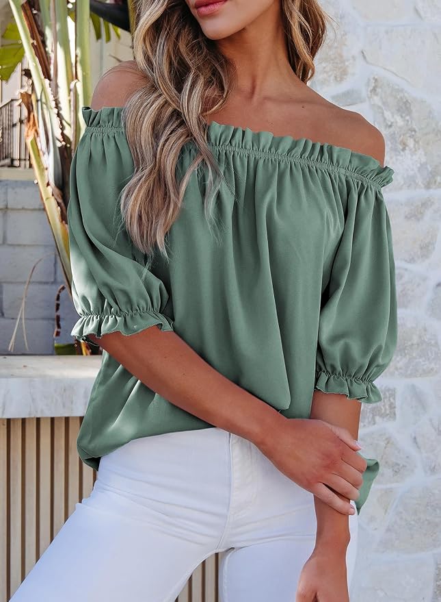 EVALESS Womens Tops Off The Shoulder Blouses for Women Dressy Casual Cute Puff Sleeve T Shirts Fashion 2026 - Image 3