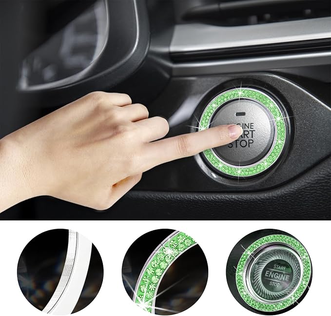 Kewucn 2 PCS Bling Crystal Double Rhinestone Car Engine Start Decoration Ring, Sparkling Push Start Button Sticker, Key Ignition & Knob Ring Decoration, Bling Car Interior Accessory(Light Green) - Image 4