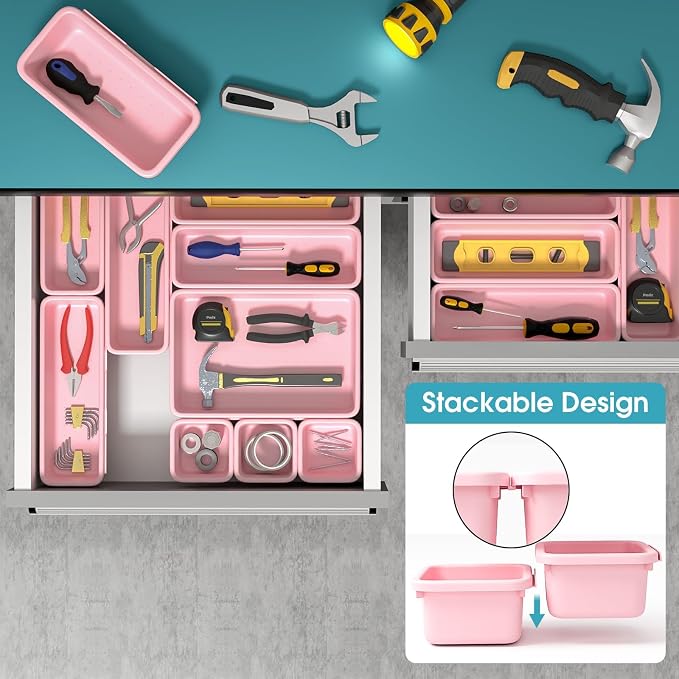 10 PCS Drawer Organizer Set, 4 Size Makeup Drawer Divider Organizer With Non-Slip Pads, Interlocking Plastic Storage Bins for Office,Jewelry Vanity,Gadgets, Bathroom,Kitchen, Pink - Image 5