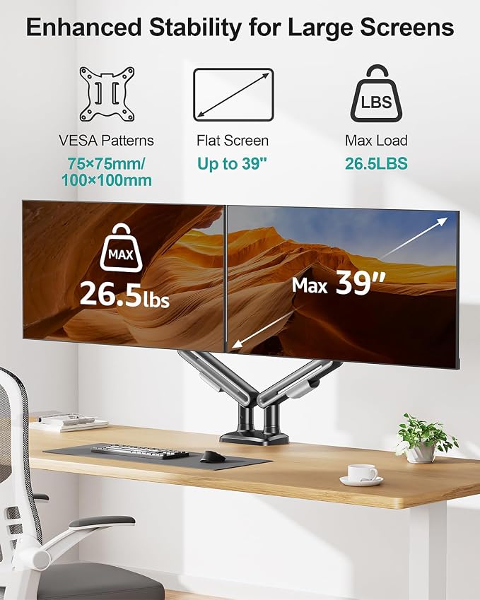 MOUNT PRO Dual Monitor Desk Mount, Pneumatic Monitor Arms for 2 Monitors Max 39 Inches, Adjustable Dual Computer Monitor Stand Each Arm Holds up to 26.5lbs, VESA Mount with C Clamp & Grommet Base - Image 2