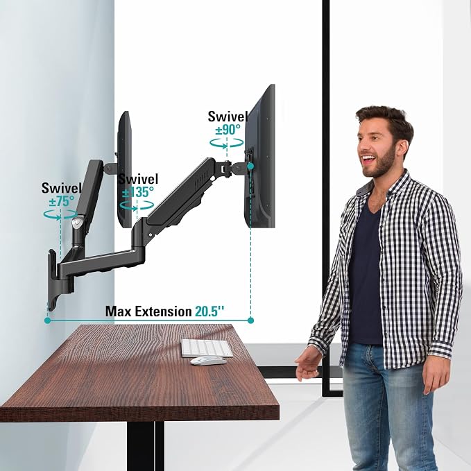 Dual Monitor Wall Mount for 13 to 32 Inch Computer Screens, Monitor Mounts for 2 Monitors Holds Up to 19.8lbs Each,Full Motion Gas Spring Monitor Arm with VESA 75x75/100x100 - Image 6
