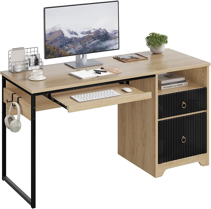 Bestier 55 Inch Office Desk with Fluted Panel & Keyboard Tray, Natural Oak | 55 X 22 In Work Surface, File Drawer, Reversible Pedestal, Fluted Panels And Keyboard Tray For Home Office Storage. by Bestier