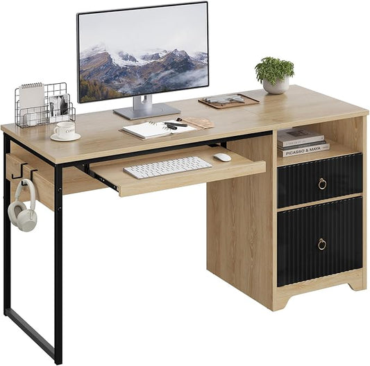 Bestier 55 Inch Office Desk with Fluted Panel & Keyboard Tray, Natural Oak | 55 X 22 In Work Surface, File Drawer, Reversible Pedestal, Fluted Panels And Keyboard Tray For Home Office Storage. by Bestier