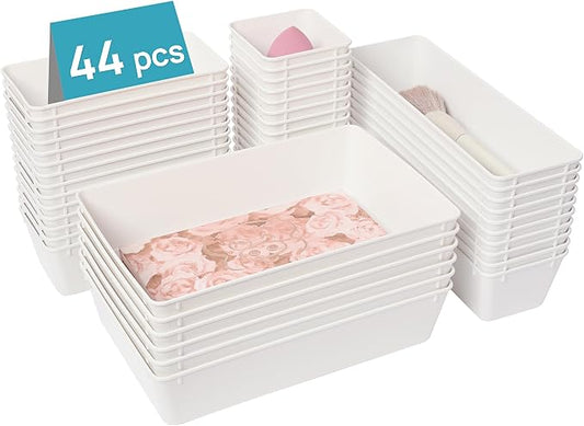 Vtopmart 44 PCS Plastic Drawer Organizer Set, Vanity Organizer Trays, White | 4-Size Versatile Makeup Organizer, Non-Slip Storage Containers for Makeup, Jewelries, Bedroom，Kitchen Utensils and Office by Vtopmart