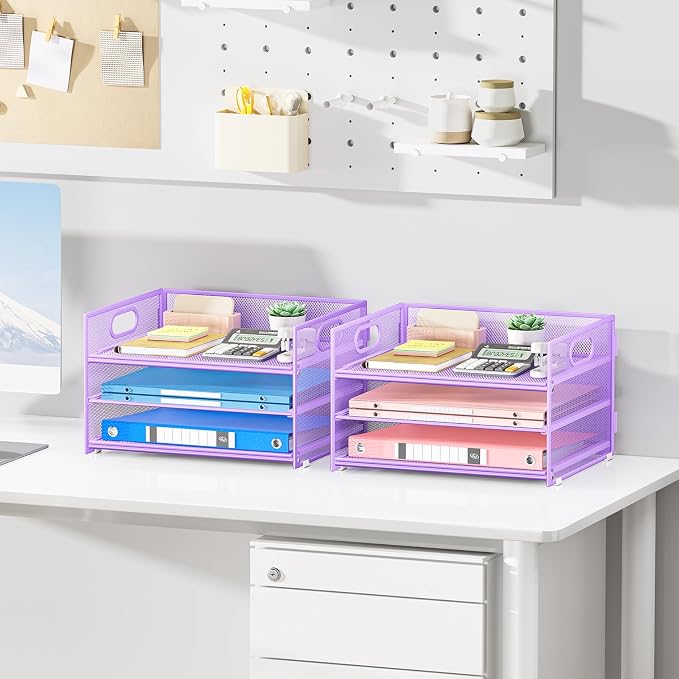 Subekyu 2-Pack 3-Tier Purple Metal Mesh Desk Paper Letter Tray & File Sorter Organizer with Handle + 1 Sliding Tray for Desk, Home, Office, School Supplies, A4 Paper and Accessories Storage - Image 3
