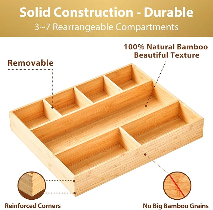 Umilife Large Bamboo Desk Drawer Organizer, Wood Office Junk Tray, 15"x12" | 2.4" Tall for Deep Drawer - Adjustable slots - Anti Slip Silicone Pads - Versatile Storage Box in Kitchen, Pantry - Image 5