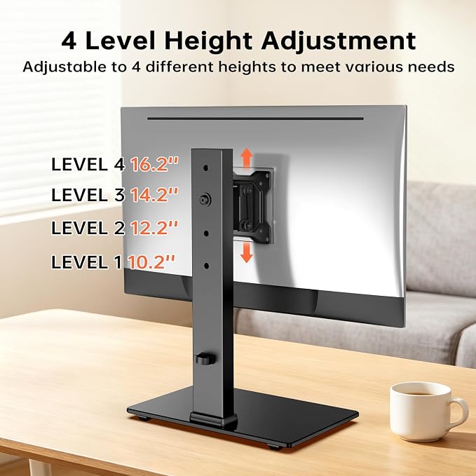 Afaloona Freestanding Single Monitor Stand for 13-32 Inch Monitor, No Clamp | Max Load 77lbs | Tempered Glass Base | ±25° Swivel | -5° to +10° Tilt | 360° Rotation | 4 Height Options | VESA 75×75/100×100 - Image 7