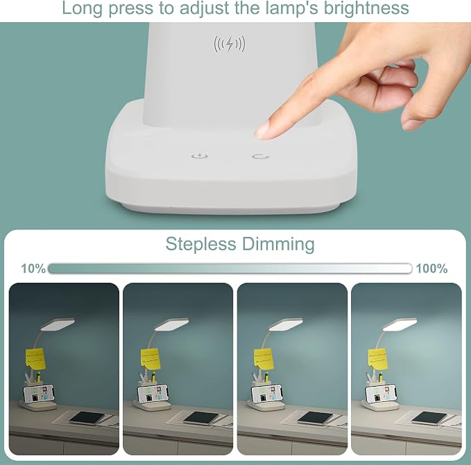 LED Desk Lamp with 10W Wireless Charging & Pen Holder, Snow White | CRI 95, 800LM, Stepless Dimming, 3 Modes, 360°Flexible Arm, Touch, Study Table Lamp for Home Office, Dorm Room, with Adapter - Image 5