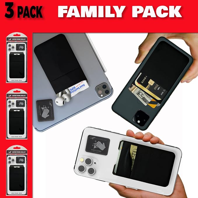 Gecko Travel Tech Double Pocket - Adhesive Card Holder - Cell Phone Pouch - Stick on Spandex Pocket - Carry Credit Cards and Cash (3 PACK - -BLANK- BLACK) - Image 3