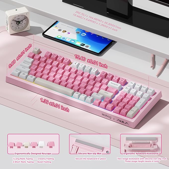 LEOBOG x Aula Pink Keyboard Wireless Creamy Computer Gaming Keyboards | Silent Membrane Keyboard, 98 Keys 2000mAh Quiet Creamy Keyboard with Number Pad, Rechargeable, for PC Mac Office Dorm Rooms - Image 3