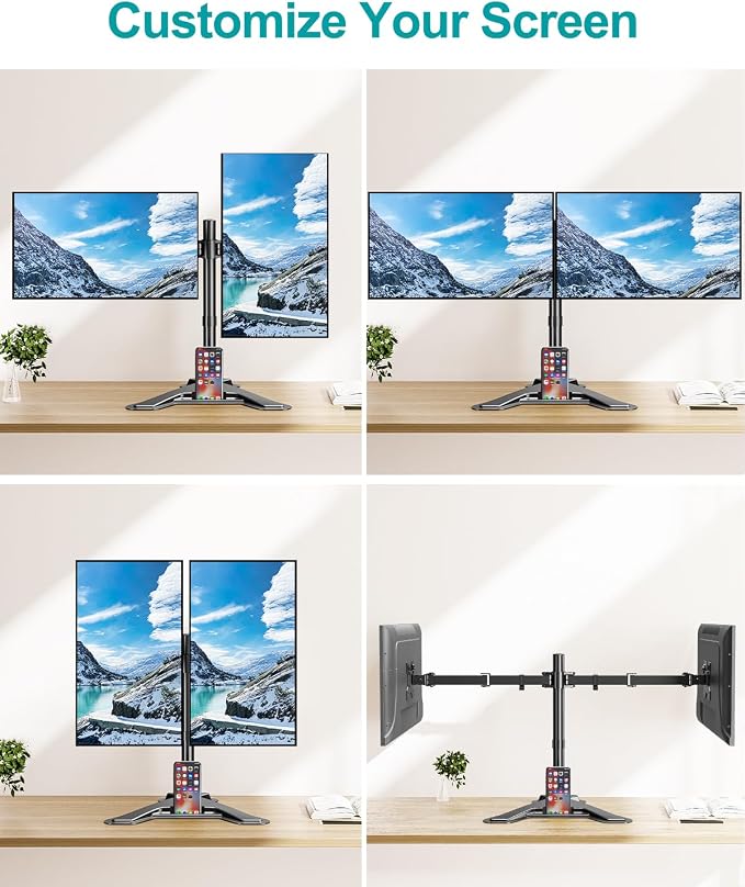 MOUNT PRO Dual Monitor Stand, Free-Standing Full Motion Monitor Desk Mount Fits 2 Screens up to 27 inches,17.6lbs with Height Adjustable, Swivel, Tilt, Rotation, VESA 75x75 100x100, Black - Image 8