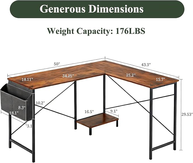 L Shaped Desk Computer Desk, 50inch Brown Gaming Desk with CPU Stand | Reversible Corner Desk, Storage Bag, Sturdy Metal Frame, Student Study Writing Table for Home Office - Image 3