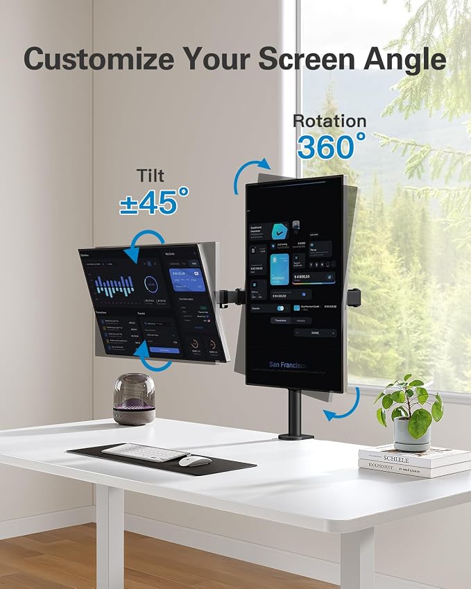 HUANUO Dual Monitor Mount for 13-32 Inch Screens, 17.6 lbs per Arm | Dual screen setup, tilt, swivel, rotation, 16.3 inch pole, cable clips, C-clamp or grommet, VESA 75x75/100x100mm - Image 4