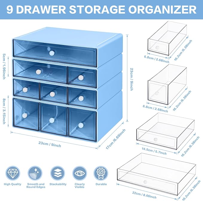 Desk Storage Organizer with 9 Drawers, 4 Tiers Stackable Desktop Craft Storage Drawers, Clear Storage Box Caddy for Stationary Makeup Jewelry Office Craft Supplies (Blue) - Image 3