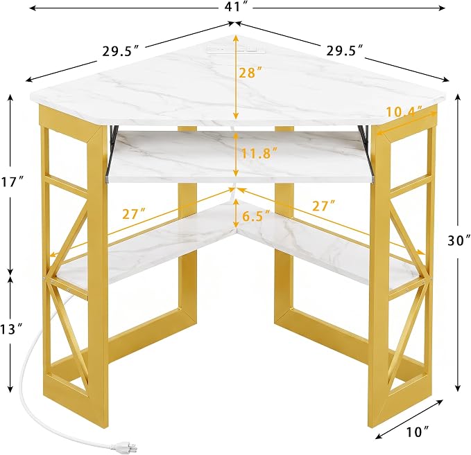 VECELO Corner Desk, Triangle Computer Desk for Small Space with Charging Station and Keyboard Tray, Corner Makeup Table with Storage Shelves for Home Office Bedroom, 41x30, Gold - Image 3