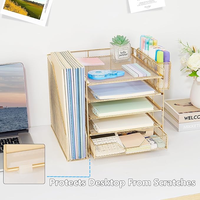 Desk Organizers and Accessories, 5-Tier Paper Letter Tray Organizer with File Holder, Drawer & Pen Holder, Office Desk Accessories, Desktop Organizer for Classroom Office Supplies, Gold - Image 7