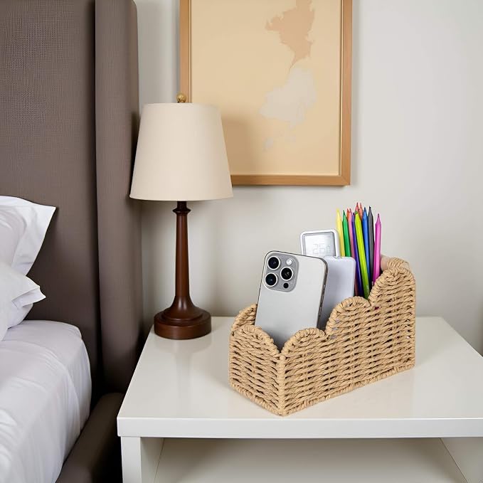CubesLand Bedside Table Desk Organizer Caddy, Remote Pen&Pencil Holder Cup | Makeup Brush Holder w/Scalloped Perfect for Home, Office Desk, Living Room Table Decor, 3 Slots Beige - Image 2