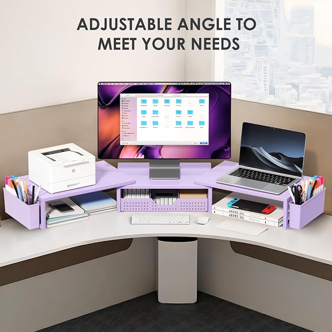 OPNICE Desk Organizers and Accessories, Dual Computer Monitor Stand Riser with Drawer and 2 Pen Holders, Office Desk Accessories, Workspace Desktop Organization for Office Supplies (Purple Metal ) - Image 6