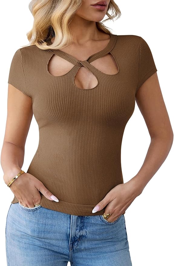 Pink Queen Sexy Tops for Women Cutout Keyhole Neck Cap Sleeve Shirts Casual Summer Clothes 2026 Fashion - Image 7