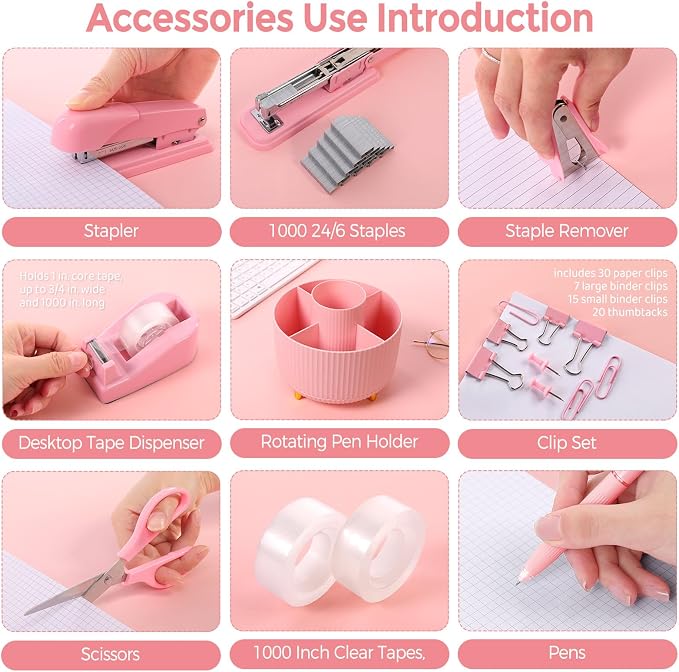 SKYDUE Pink Desk Accessories 10Pcs, Rotating Pen Holder for Desk, Stapler, Staple Remover, Tape Dispenser,2pcs Tape Refills, Binder Paper Clips Kit, Scissor,Pink Office School Supplies - Image 3