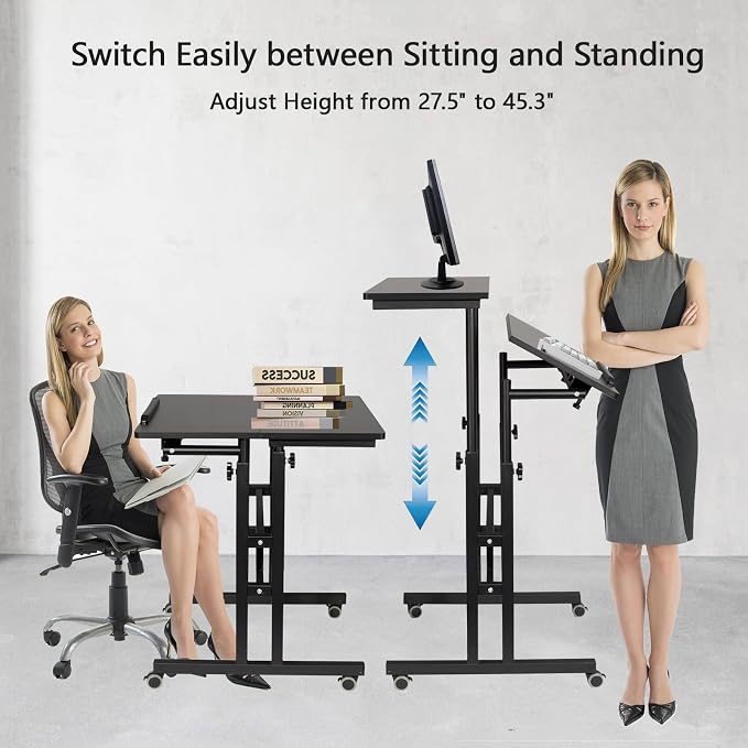 Hadulcet Mobile Standing Desk with Charging Station, Adjustable Standing Computer Desk, Standing Adjustable Laptop Cart with Wheels for Home Office Classroom Black - Image 5