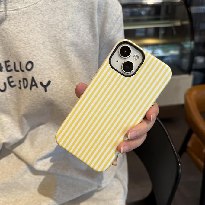 for iPhone 15 Plus/14 Plus Case Striped Cute Aesthetics Phone Case Trendy Protective Shockproof Cover for iPhone 15 Plus/14 Plus Yellow White - Image 3