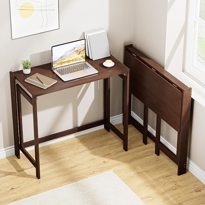 Bamboo Folding Desk for Small Spaces, Small Compact Foldable Desk, Brown | Space Saving Foldable Desk, Writing Desk Computer Table for Bedroom Home Office, Easy Assembly by Usofhaus