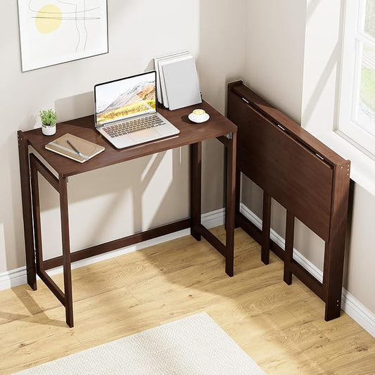 Bamboo Folding Desk for Small Spaces, Small Compact Foldable Desk, Brown | Space Saving Foldable Desk, Writing Desk Computer Table for Bedroom Home Office, Easy Assembly by Usofhaus