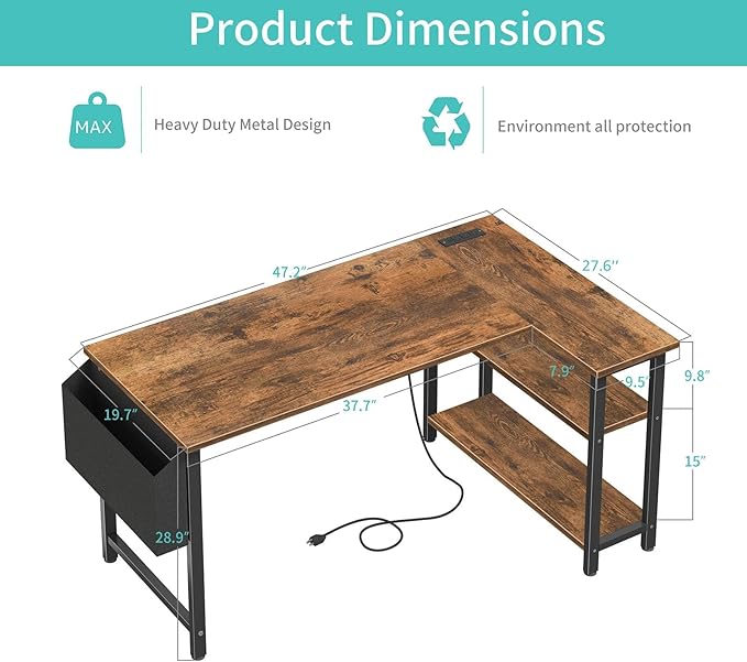 Lufeiya L Shaped Computer Desk with Power Outlet Shelves, 47 Inch Corner Desk for Home Office Bedroom, L-Shaped Study Writing Working PC Desks, Rustic Brown - Image 3