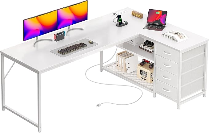 PRAISUN 61" L Shaped Desk with Power Outlets & USB-C Port, Reversible Computer Corner Office Desk with 4 Fabric Drawers and 2 Storage Shelves, Large Desk for Gaming Writing Study, White by PRAISUN
