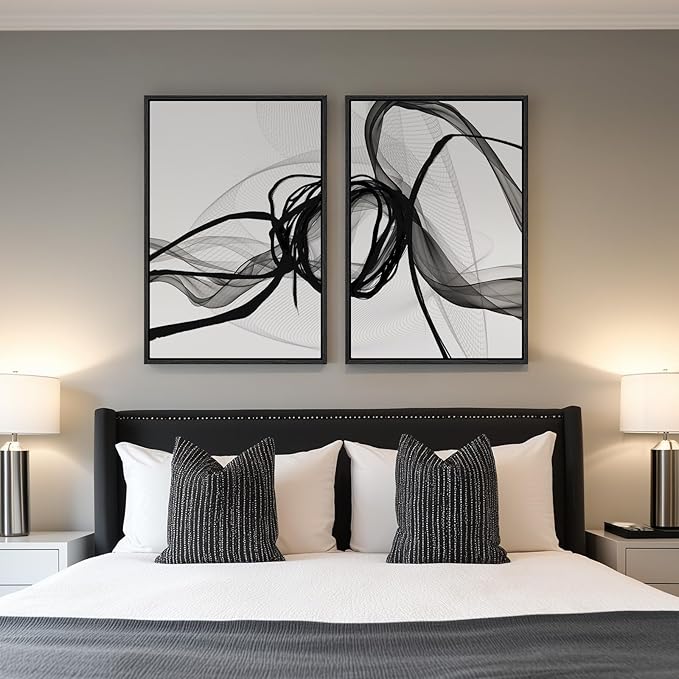 Large Framed Black and White Abstract Wall Art for Living Room, Set of 2 Modern Canvas Prints Paintings Artwork for Walls, Minimalist Lines Pictures for Dining Room Bedroom Office Wall Decor 24x36 In - Image 4