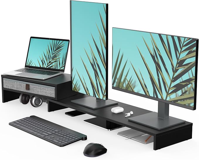 Fenge Computer Monitor Riser Stand with Drawer for 2 or 3 Monitors ,Adjustable Length and Angle Desktop Laptop Stand,Office Organizer,Printer,Black by Fenge