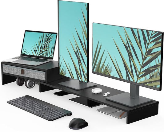 Fenge Computer Monitor Riser Stand with Drawer for 2 or 3 Monitors ,Adjustable Length and Angle Desktop Laptop Stand,Office Organizer,Printer,Black by Fenge