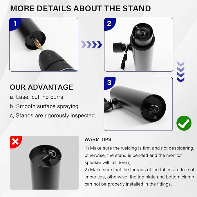 Vondynote Pair of Desktop Clamp Speaker Stands 12°Tilt, Cable Management | Heavy Duty Studio Monitor Stands, 12°Tilt, 13"-16.8" Height Adjustable, Cable Management - Image 4