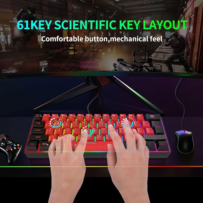 Snpurdiri 60% Wired Gaming Keyboard,True RGB Small Compact 61 Keys Mini Keyboard for PC/Mac Gamer, Typist, Travel, Easy to Carry on Business Trip(Black-Red) | Mini Gaming Keyboard for PC/Mac Gamer, Typist, Travel, Easy to Carry on Business Trip - Image 4