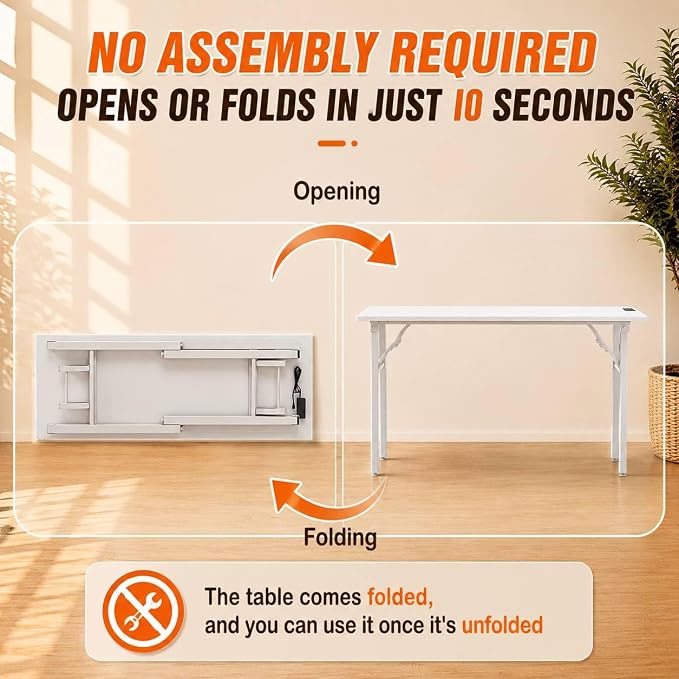 Folding Table Computer Desk - 55.1" No Assembly Folding Desk with Power Outlets & USB Charging Port, Small Desk, Foldable Office Desk, Compact Storage Portable Use for Small Space, White Ash - Image 4