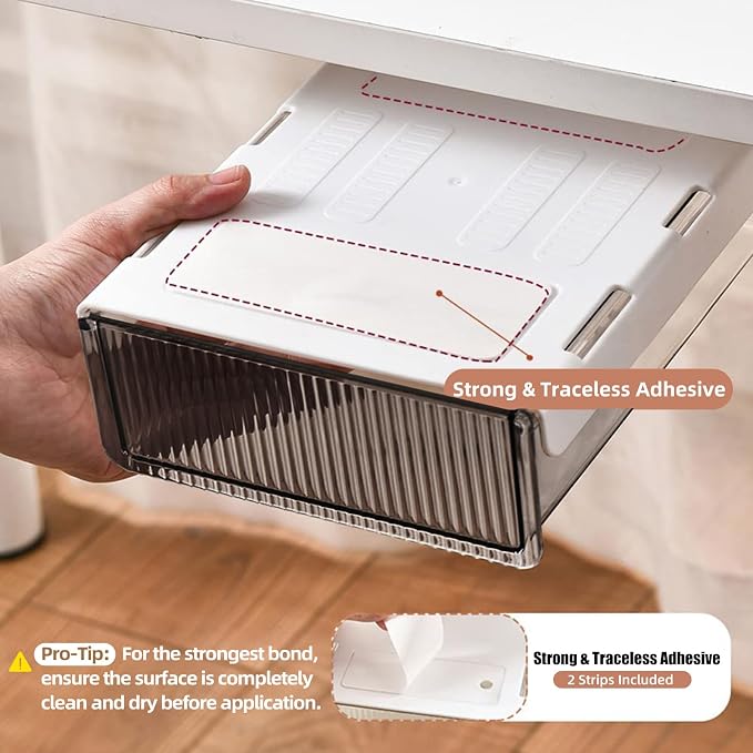 2Pcs Under Desk Storage Drawers Slide Out,Large&Medium, Stick On Desk Drawer Organizer Hidden Under Table Drawer for Home Office School Organization and Storage-Transparent Black - Image 2