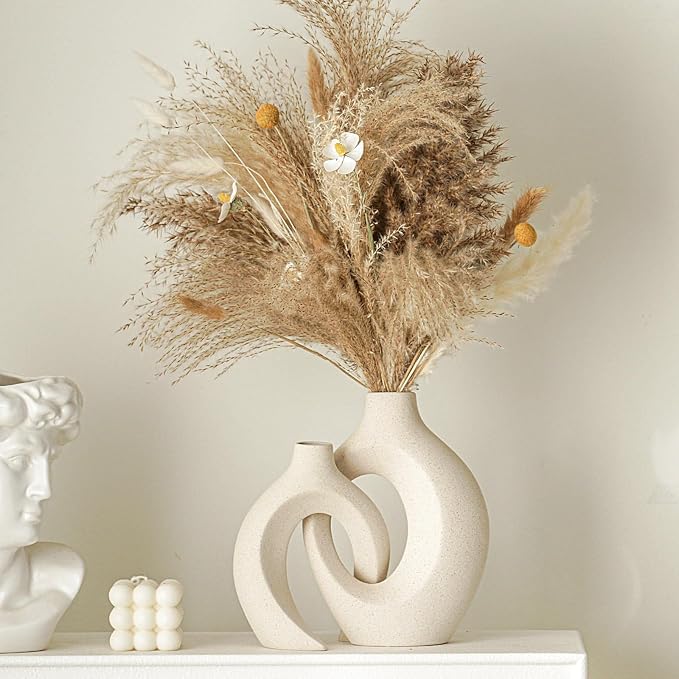 Lvases Snuggle Hollow Ceramic Vase Set of 2, Nordic Modern Boho ins Style Decorative Ceramic Aesthetic Flower Vase for Home Decor (Milky White W 6.3" X H 8.4") - Image 3