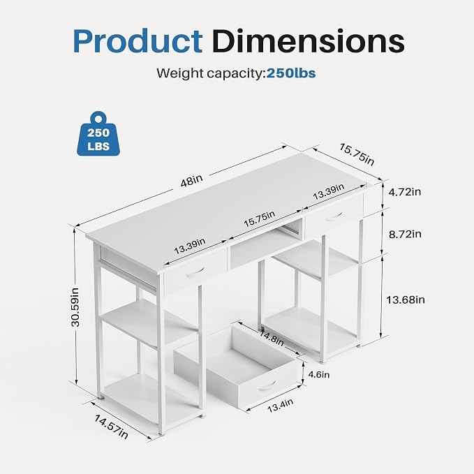 OLIXIS Desk with Storage, Computer Desk, Fabric Drawers | Home Office Work Table, Study Gaming Writing Table, Bedroom Small Space, White - Image 3