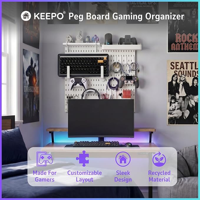 Keepo Peg Board Wall Organizer for Gaming Setup, Pegboard with Adhesives & Screw Mounts, Includes Peg Board Accessories for Gaming Accessories, Tech Storage & Office Organization (White, 22″×22″) - Image 2