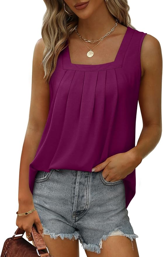 Saloogoe Summer Tank Tops for Women Loose Fit Pleated Square Neck Sleeveless Tops Curved Hem Flowy - Image 2